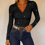 Women's Sparkle Glitter V Neck Long Sleeve Top Ruched Lace Trim Tee