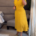3D Decor Overlap V Neck Short Sleeve Cinched Waist Mid-length Dress Casual Ruched Waist Zipper Back Vacation Dress