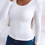Built In Bra U Neck Tee High Stretchy Knit T-Shirt Long Sleeve Top