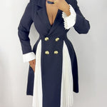 Colorblock Pleated Spliced Notched Collar Pleated Flared Cuff Double Breasted Blazer Dress Elegant Cinched Waist Flared Hem Commuting Dress