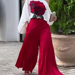 Rose Print Lantern Sleeve Top & Wide Leg Pants Set