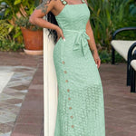Women's Eyelet Embroidery Maxi Dress Backless Side Slit Slip Dress Tie Waist Bohemian Long Dress