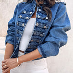 Button Decor Stand Collar Long Sleeve Jacket Casual Denim Coat