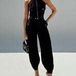 2 Pieces Outfits Sleeveless High Neck Cargo Pockets Design Top And Casual Cuffed Long Pants Set