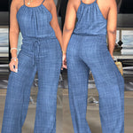Womens Spaghetti Strap Drawstring Tied Waist Jumpsuit Casual Overalls