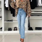 Leopard Print Round Neck Long Sleeve Front Button Blouse Casual Top