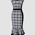 Women's Houndstooth Colorblock Off Shoulder Ruffle Hem Bodycon Dress