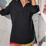 Turn-down Collar Roll Up Sleeve Tassel Hem Pompom Side Slit Straight Dress Casaul Dress