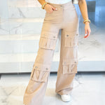 High Waist Zipper Fly Multiple Flap Pockets Design Utility Pants Casual Elastic Back Waist Wide Leg Cargo Pants