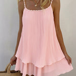 Women's Pearls Embellished Straps Mini Dress Backless Pleated Dress Casual Double Layer Lettuce Trim Cami Sun Dress