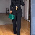 Women's Long Sleeve Cowl Neck Ruched Jumpsuit with Gold Buckle Accent