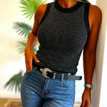 Rhinestone Decor O-neck Sleeveless Knit Tee Slim Fit Tank Top