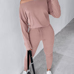 2 Pieces Outfit Long Sleeve Skew Neck Pullover Top and Drawstring Elastic Waist Slim Fit Pants Set