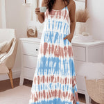 Faith Letter & Tie Dye Print U-Neck Adjustable Spaghetti Straps Maxi Dress Casual Backless Loose Fit Cami Dress