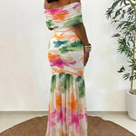 Women's Foldover Off-Shoulder Floral Mermaid Dress Mesh Ruched Maxi Gown with Detachable Clear Straps