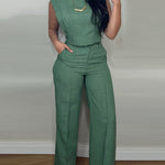 2 Pieces Outfit 3D Cutting Decor Design Cap Sleeve Hollow-out Back Crop Top and Casual Zipper Fly Seam Front Straight Pants Set
