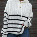 Women's Striped Henley Drawstring Hooded Sweater Loose Fit Lantern Sleeve Knit Pullover