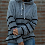 Women's Striped Henley Drawstring Hooded Sweater Loose Fit Lantern Sleeve Knit Pullover