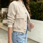 Women's Vintage Argyle Cable Knit Bomber Jacket Elegant Baseball Collar Button Down Cropped Coat with Flap Pockets