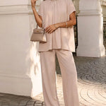 2 Pieces Outfit Elegant Pearl Embellished Split Sleeve Top and Casual Wide Leg Pants Set