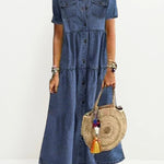 Vintage Denim Dress Short Sleeve Turn Down Collar Pockets Button Up Shift Summer Long Loose Dress