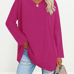 Solid Color V Neck Long Sleeve Pullover Basic Tshirts Casual Sweatshirts