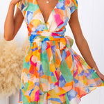 Wrap V Neck Tie Waist Printed Ruffle Mini Dress
