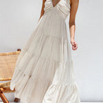 Margovil V Neck Ruffle Trim Tiered Sleeveless Linen Maxi Dress