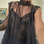 Mockneck Tulle Cover Up Top with Lace Camisole