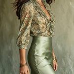 Elegant Floral Ruffle Blouse & Satin Mini Skirt Set