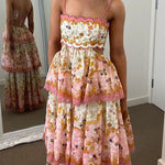 Margovil Spaghetti Strap Back Lace-up Ruffle Layered Floral Print Maxi Dress