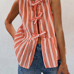 Margovil Crewneck Sleeveless Striped Ruffle Bow Top