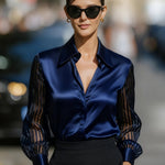 Black Spliced Satin Long-sleeved Loose-fitting Shirt