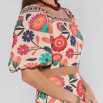 Puff Sleeves Back Cut Out Floral Print Crop Top