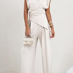 Margovil Ruched Asymmetrical Top and Wide Leg Pants Set