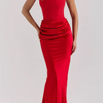 Margovil Strapless Ruched Satin Splice Bodycon Maxi Dress