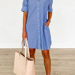 Button Down Short Sleeves Striped Shirt Dress