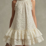 Vacation Retro Beige Lace Sleeveless Ruffled Mini Dress