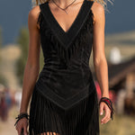 Retro V-neck Fringed Suede Sleeveless Mini Dress
