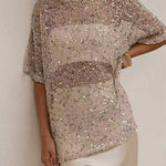 Crewneck Half Sleeves Crochet Hollow Out Sequin Top