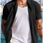 KZZ Men's solid color lapel hollowed-out breathable short-sleeved top
