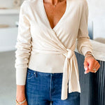 V Neck Long Sleeves Tie Knot Wrap Sweater Top