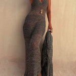 V Neck Hollow Out Sleeveless Maxi Sweater Dress