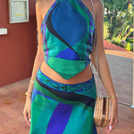 Margovil Printed Halter Tie Knot Backless Top and Irregular Hem Maxi Skirt Set