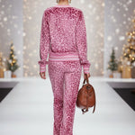 Casual Sporty Retro Pink Velvet Leopard Print Sweatshirt And Wide-Leg Pants Set