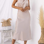 High Neck Zipper Back Waisted Satin Midi Dress