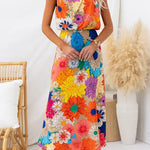 Margovil Sleeveless Tie Neck Waisted Floral Print Maxi Dress