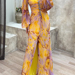 Margovil Off Shoulder Rhinestones Detail Printed Slit Pleated Maxi Dress
