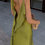Margovil High Slit Back Drape Cascading Satin Maxi Cami Dress