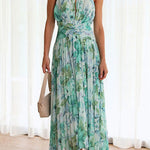 Margovil V Neck Waisted Cut Out Floral Pleated Maxi Dress